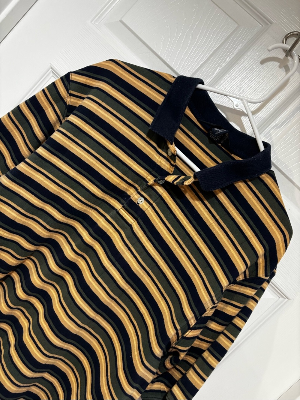 LAND’S END Vintage 100% Cotton Short-Sleeved Striped Polo in Navy, Tan, & Olive